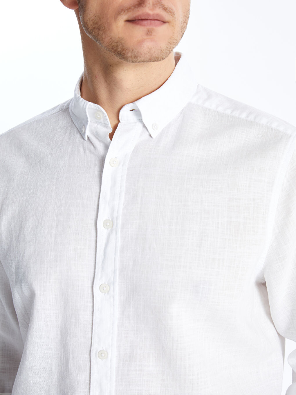 Beyaz Regular Fit Uzun Kollu Keten Karışımlı Erkek Gömlek-3