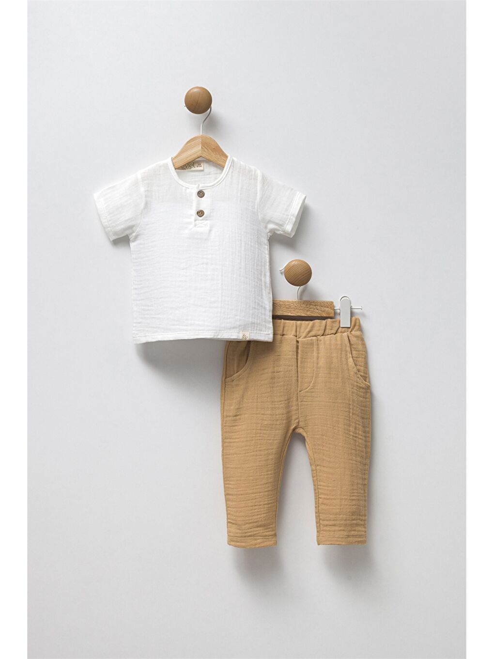 Kahverengi Bisiklet Yaka Kısa Kollu Erkek Bebek Tişört ve Şort 2'li Takım