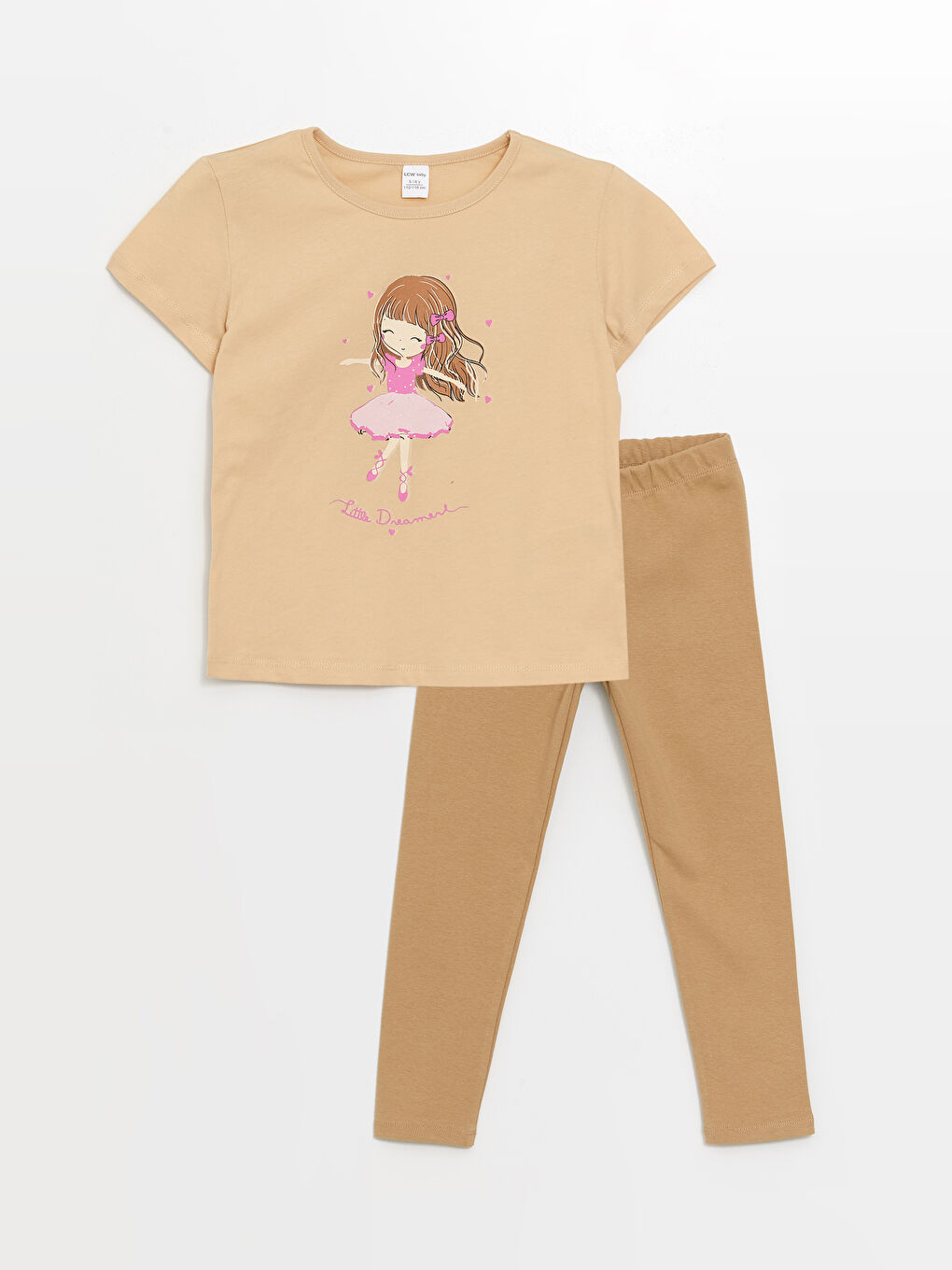 Ekru Bisiklet Yaka Kısa Kollu Baskılı Kız Bebek Tişört ve Tayt 2'li Takım