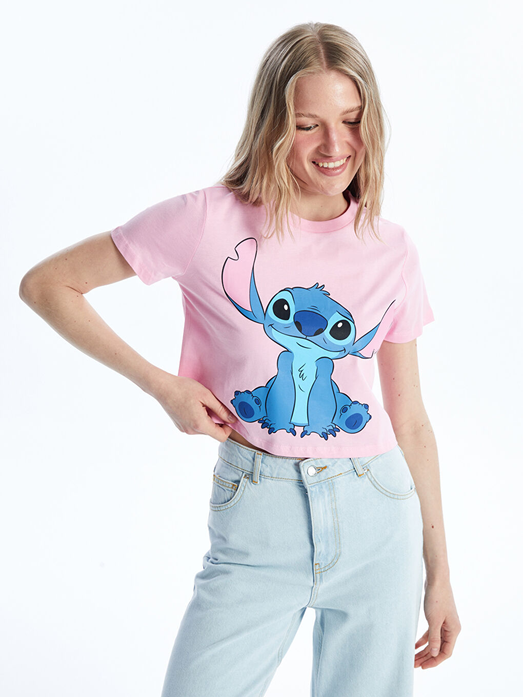 XSIDE Crew Neck Lilo & Stitch Printed Short Sleeve Women's Crop Top -S4MA01Z8-GA5