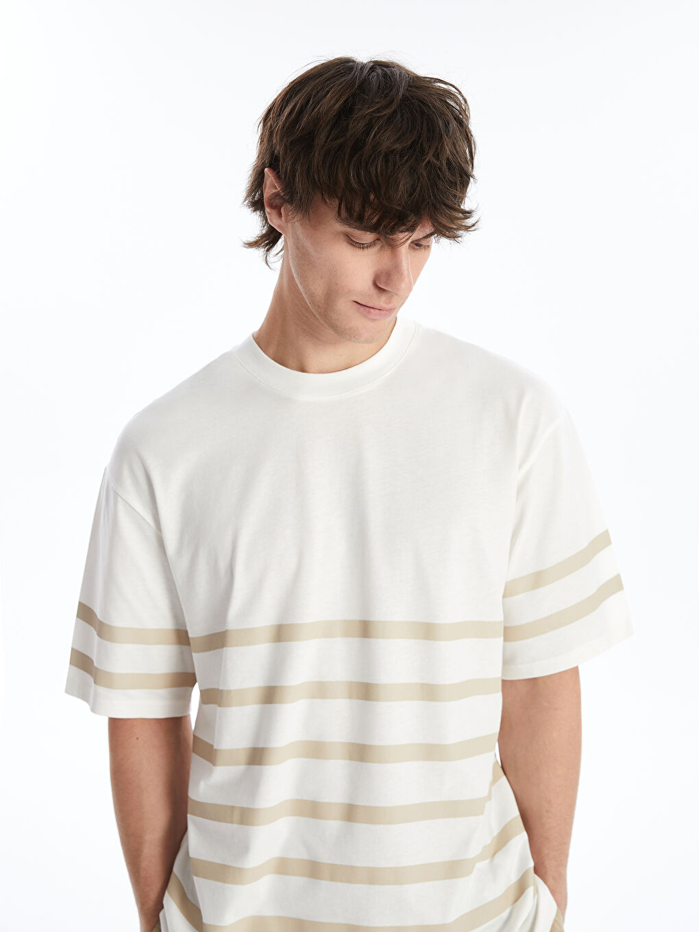 Crew Neck Short Sleeve Striped Combed Cotton Men's T-shirt -S4MA02Z8-LQB