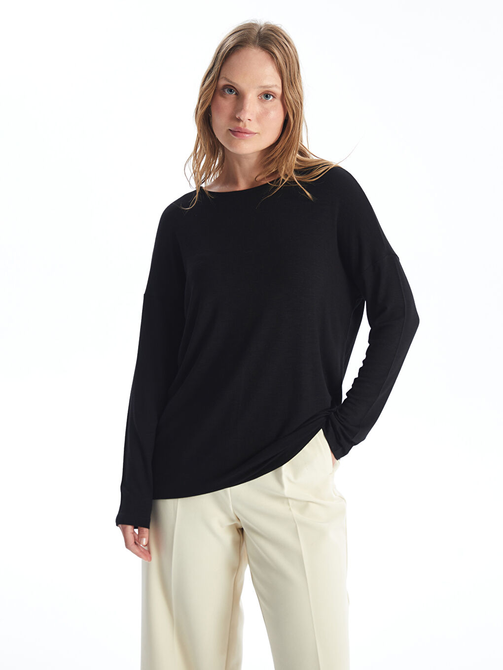 Crew Neck Straight Long Sleeve Oversize Women's T-Shirt -S4MA58Z8-CVL