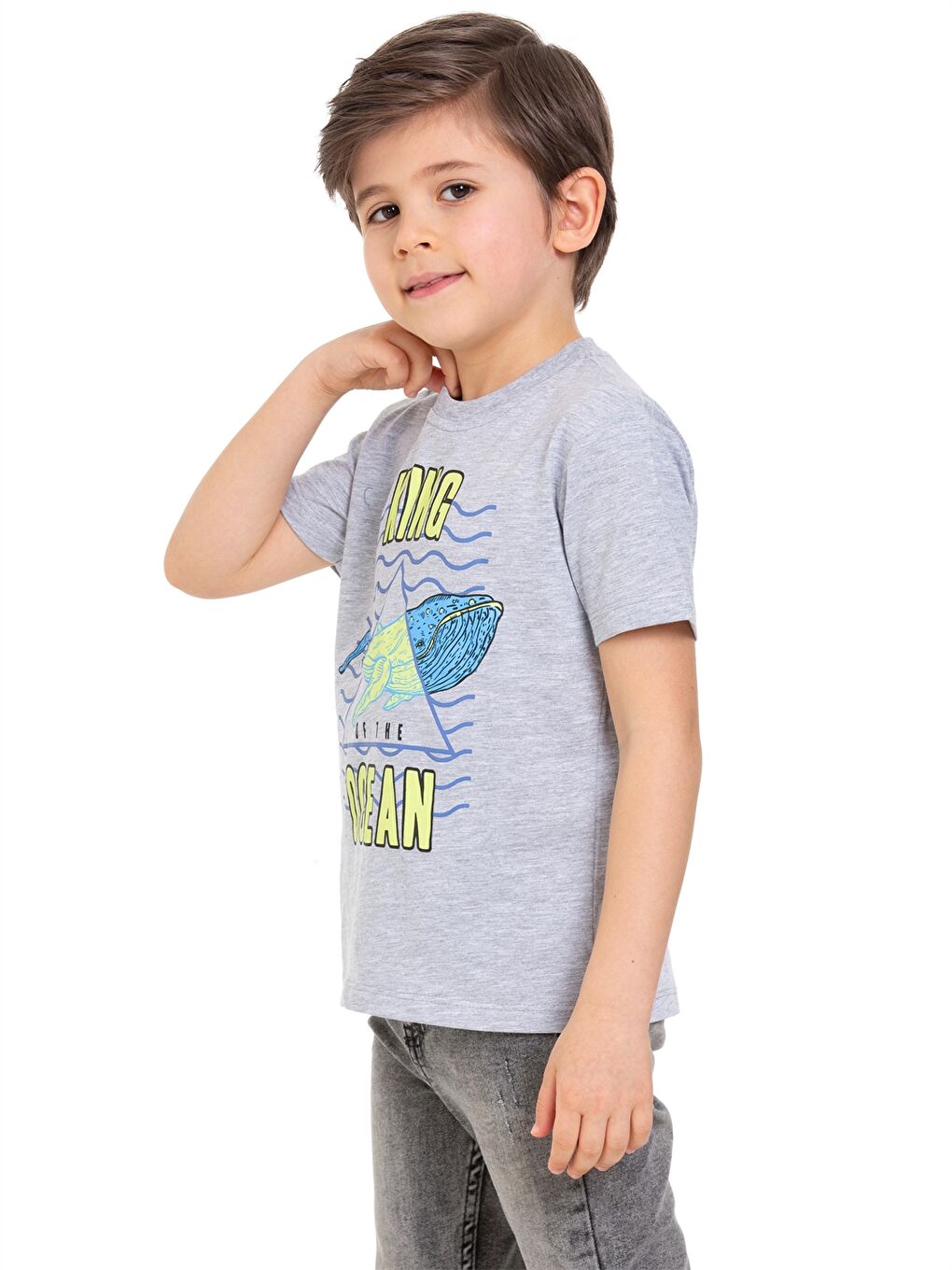 Gri Bisiklet Yaka Erkek Çocuk Tişört-2