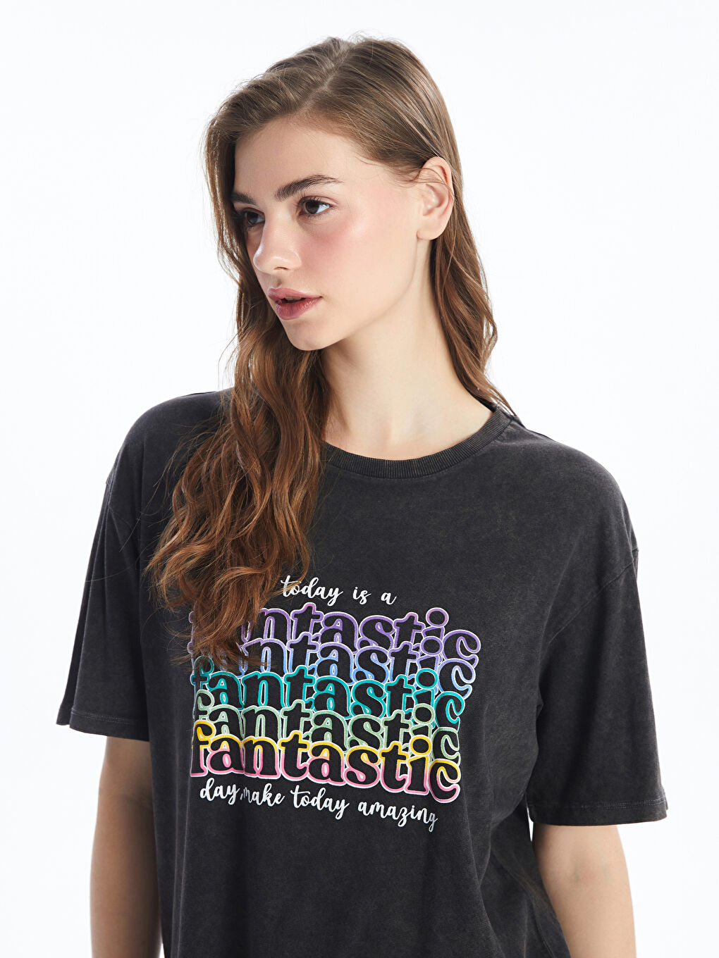 Siyah Bisiklet Yaka Baskılı Kısa Kollu Oversize Kadın Tişört