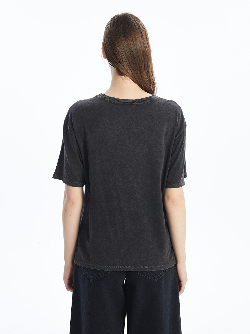 Siyah Bisiklet Yaka Baskılı Kısa Kollu Oversize Kadın Tişört-4