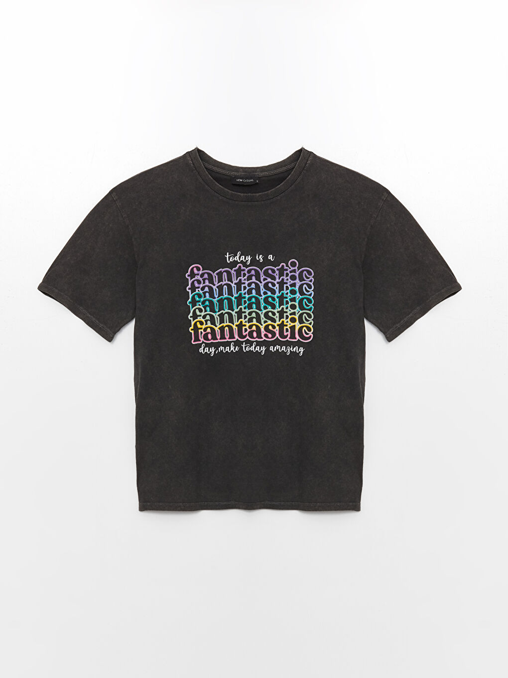 Siyah Bisiklet Yaka Baskılı Kısa Kollu Oversize Kadın Tişört-5