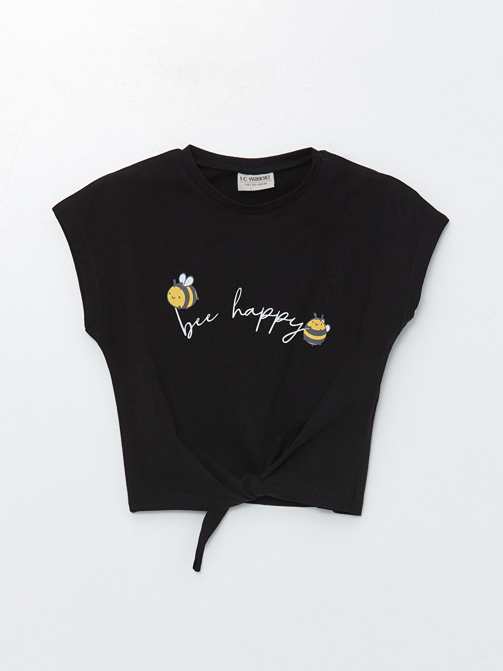 Siyah Bisiklet Yaka Baskılı Kısa Kollu Kız Çocuk Tişört