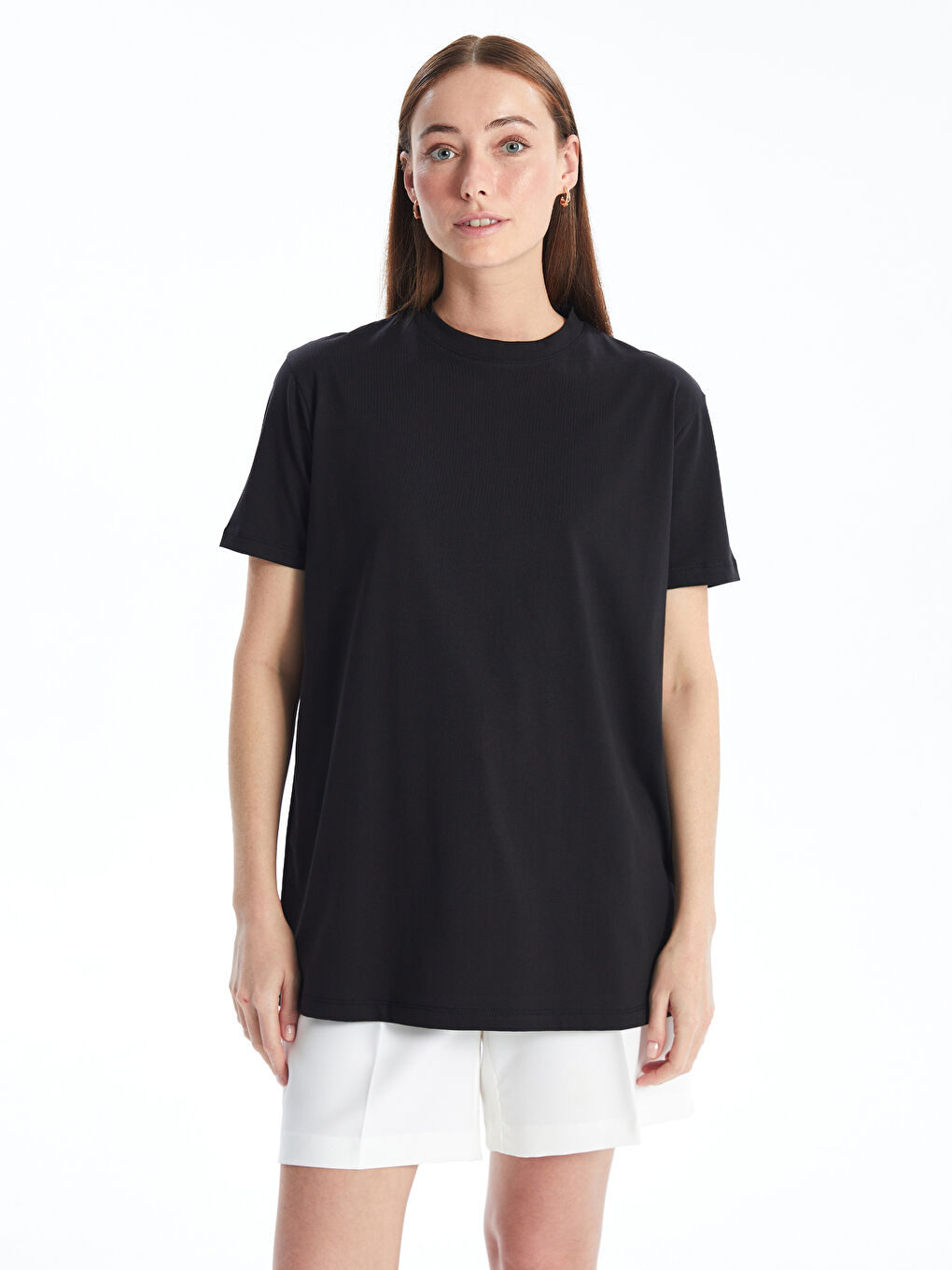 Siyah Bisiklet Yaka Düz Kısa Kollu Oversize Kadın Tişört