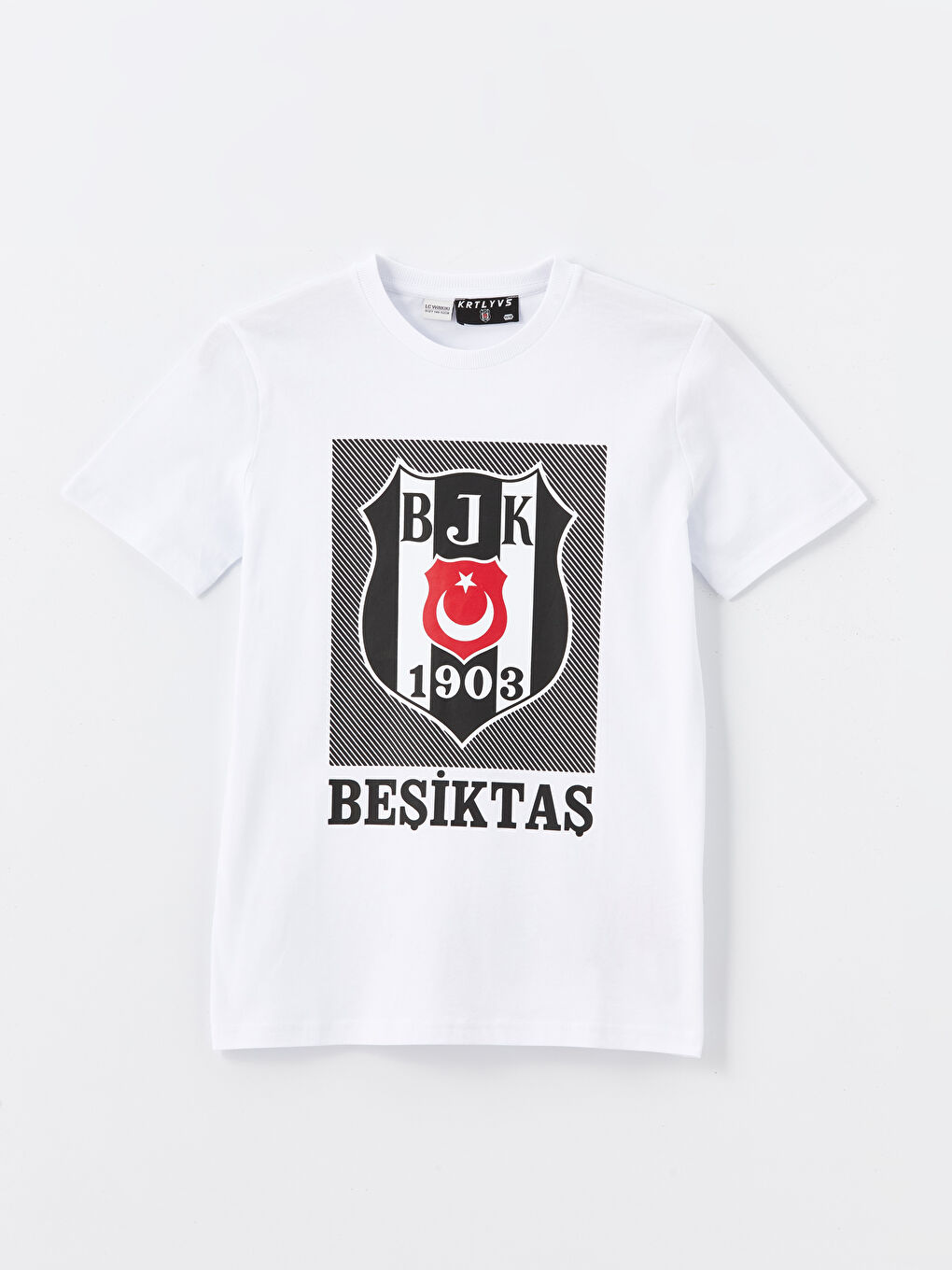 Beyaz Bisiklet Yaka Beşiktaş Baskılı Kısa Kollu Erkek Çocuk Tişört