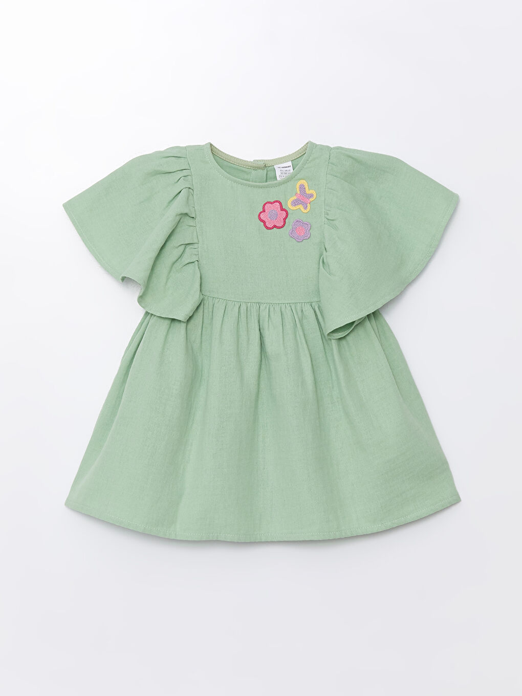 Yeşil Bisiklet Yaka Nakışlı Kız Bebek Elbise