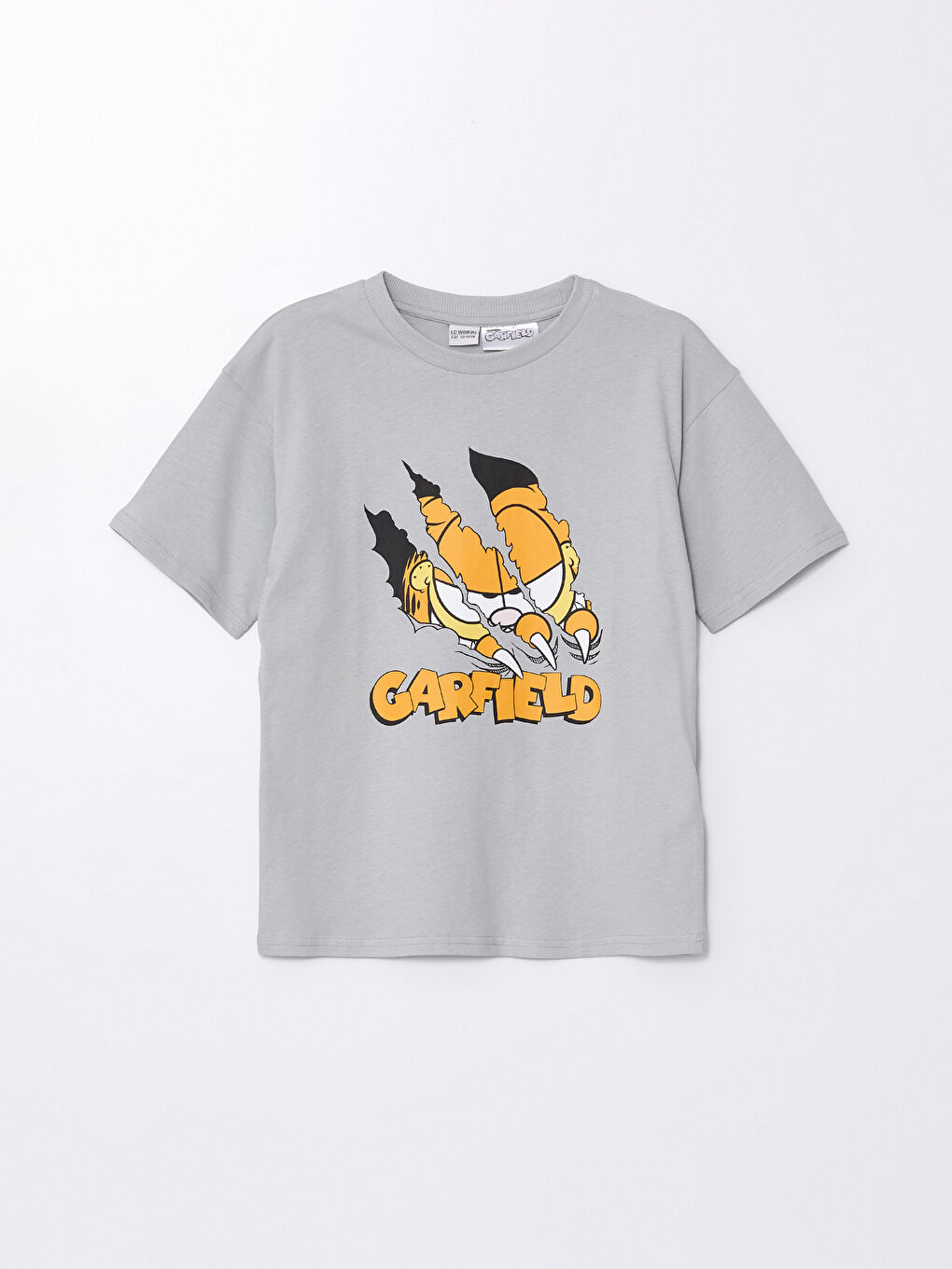 Gri Rahat Kalıp Bisiklet Yaka Garfield Baskılı Kısa Kollu Erkek Çocuk Tişört