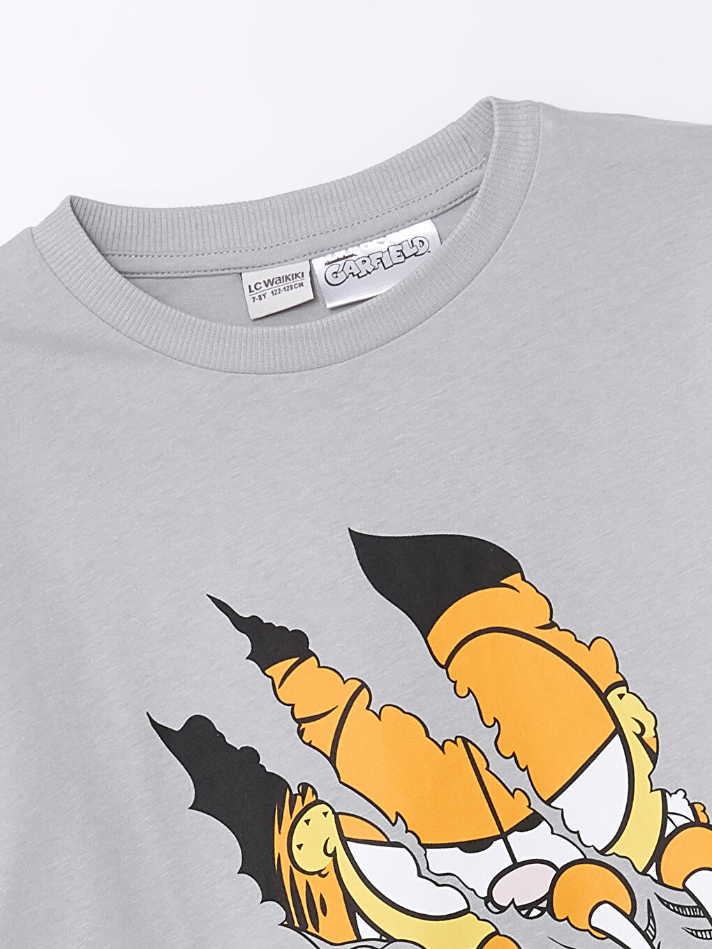 Gri Rahat Kalıp Bisiklet Yaka Garfield Baskılı Kısa Kollu Erkek Çocuk Tişört-1