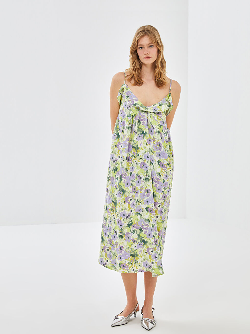 Yeşil V Yaka Çiçekli Askılı Kadın Elbise-2