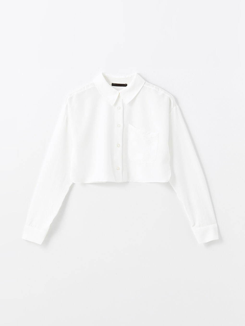 Beyaz Düz Uzun Kollu Crop Kadın Gömlek-5