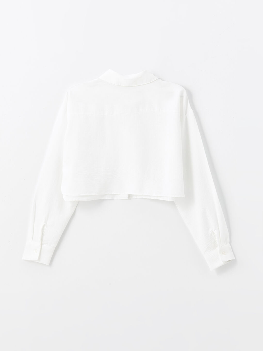 Beyaz Düz Uzun Kollu Crop Kadın Gömlek-6