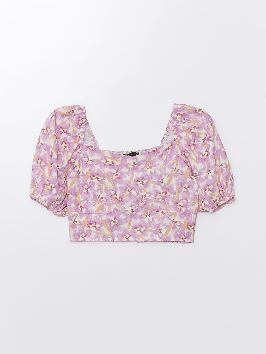 Lila Kalp Yaka Çiçekli Kısa Kollu Kadın Crop-5