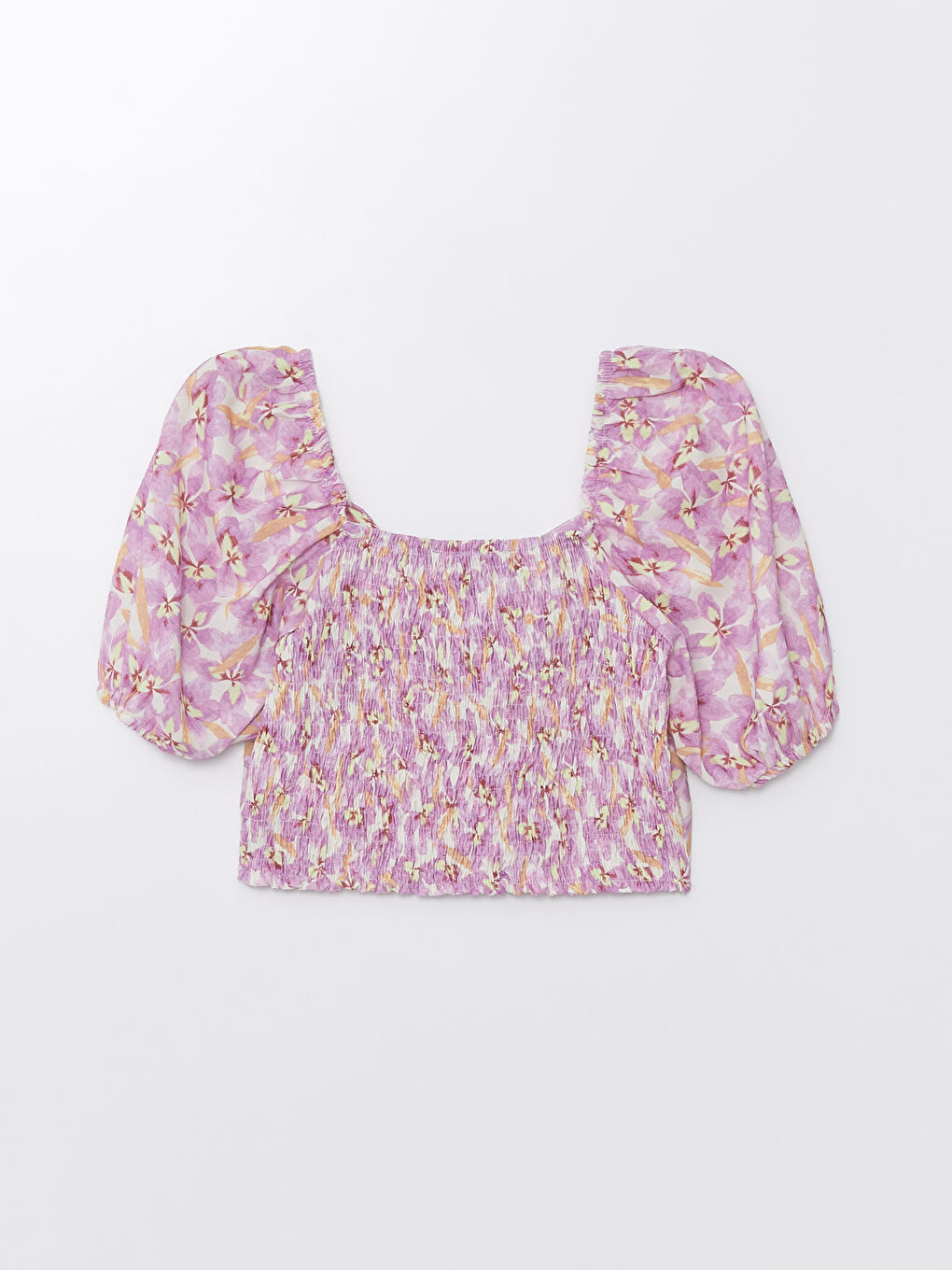 Lila Kalp Yaka Çiçekli Kısa Kollu Kadın Crop-6