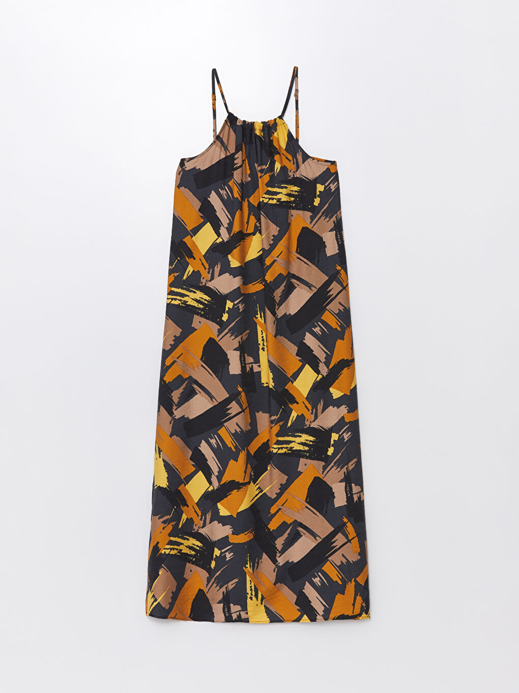 Kahverengi Halter Yaka Desenli Askılı Kadın Elbise-5