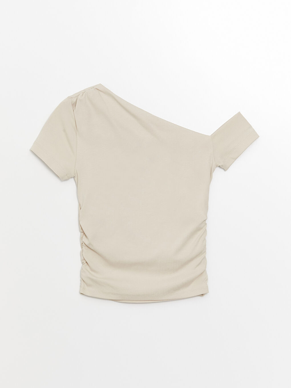 Bej Kayık Yaka Düz Kısa Kollu Kadın Tişört-5