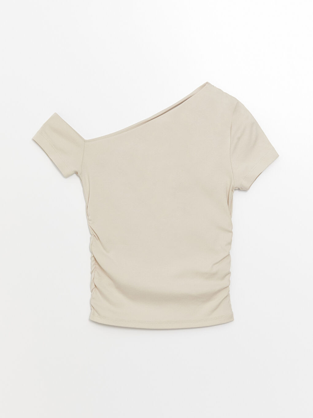 Bej Kayık Yaka Düz Kısa Kollu Kadın Tişört-6