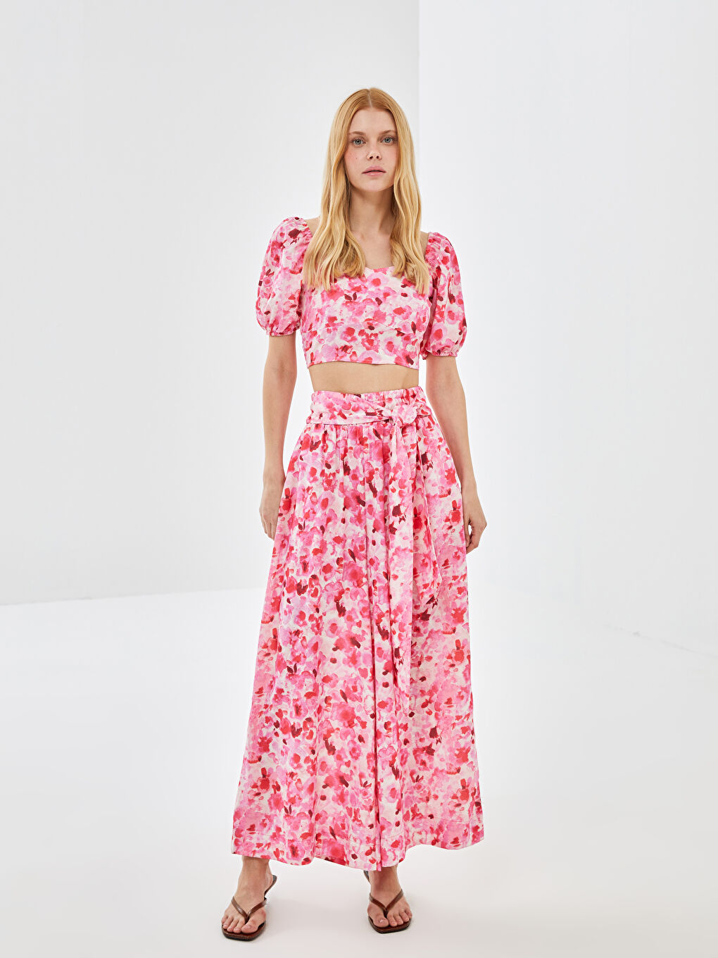 Fuşya Beli Lastikli Rahat Kalıp Desenli Kadın Pantolon Etek