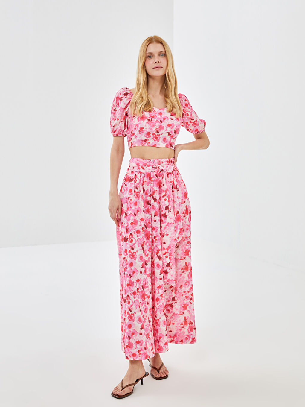 Fuşya Beli Lastikli Rahat Kalıp Desenli Kadın Pantolon Etek-1