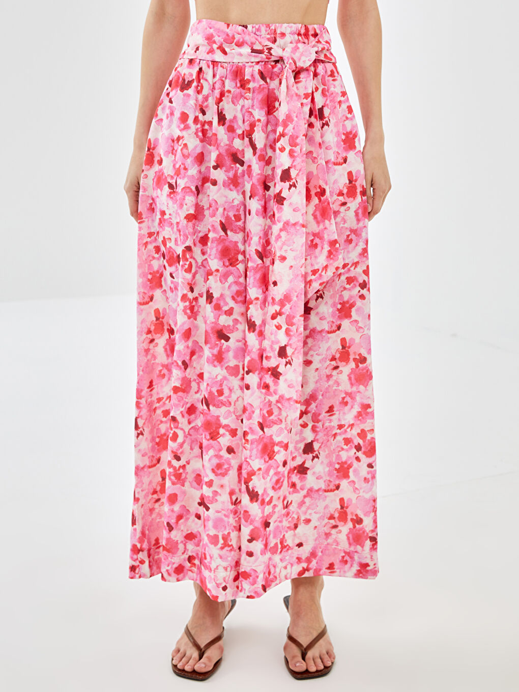 Fuşya Beli Lastikli Rahat Kalıp Desenli Kadın Pantolon Etek-2