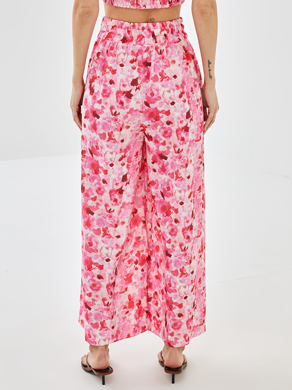 Fuşya Beli Lastikli Rahat Kalıp Desenli Kadın Pantolon Etek-4