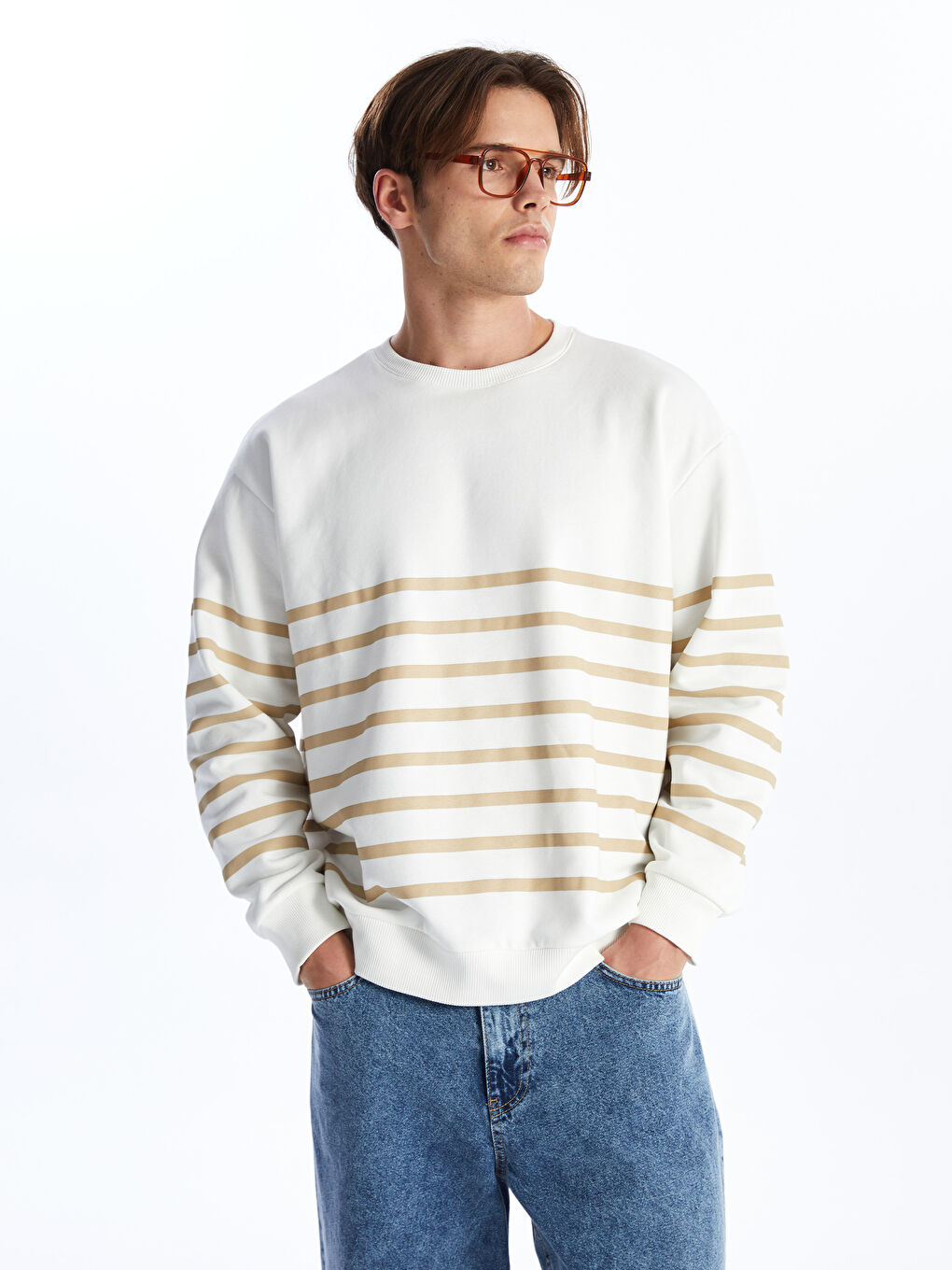 Crew Neck Long Sleeve Striped Men's Thick Sweatshirt -S4MC92Z8-LQB