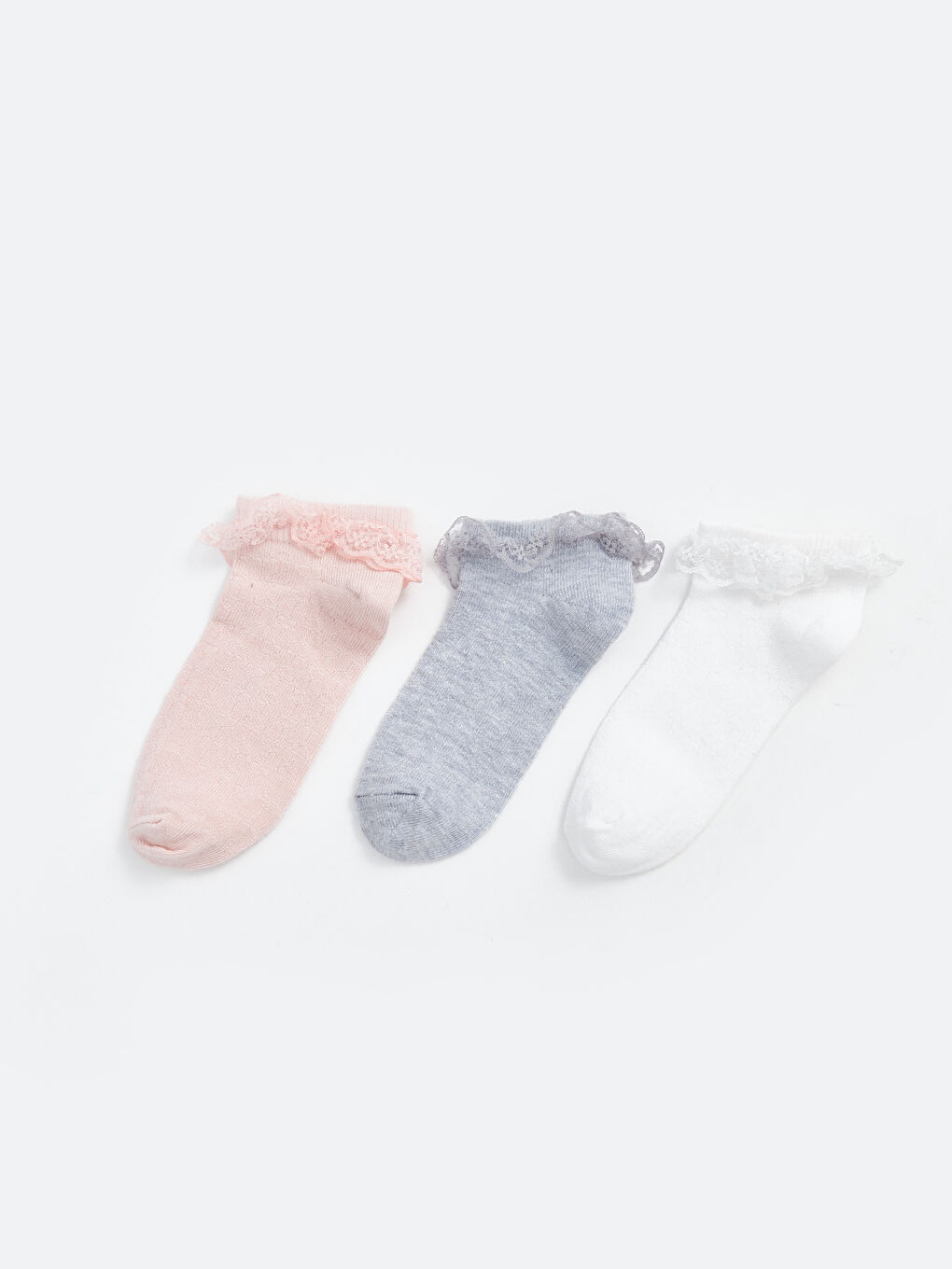 Pembe Dantel Detaylı Kız Çocuk Patik Çorap 3'lü