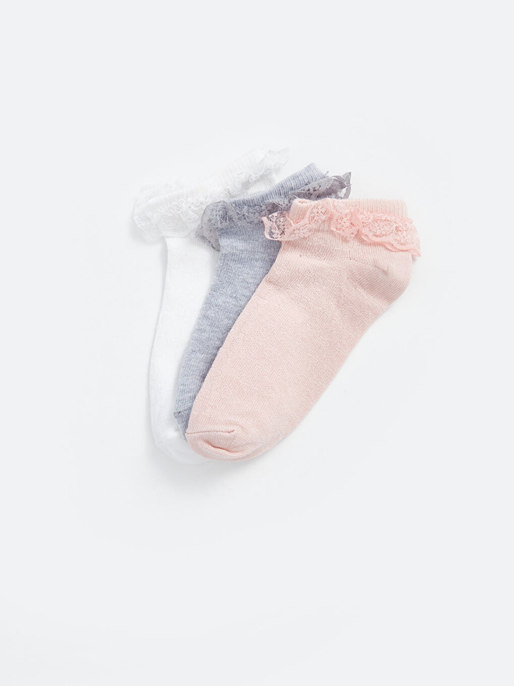 Pembe Dantel Detaylı Kız Çocuk Patik Çorap 3'lü-1