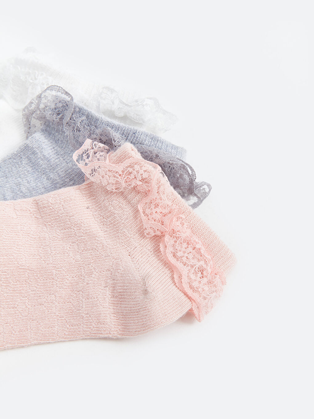 Pembe Dantel Detaylı Kız Çocuk Patik Çorap 3'lü-2