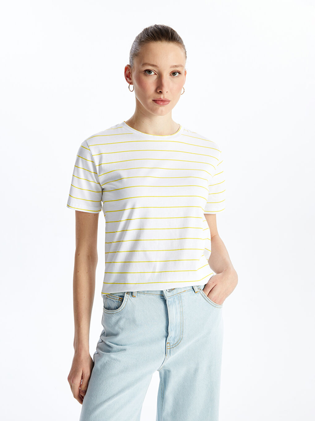 Crew Neck Striped Short Sleeve Women's T-Shirt -S4MD44Z8-LKF