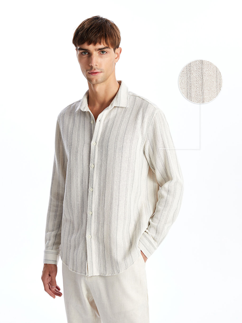 Gri Regular Fit Uzun Kollu Çizgili Erkek Gömlek