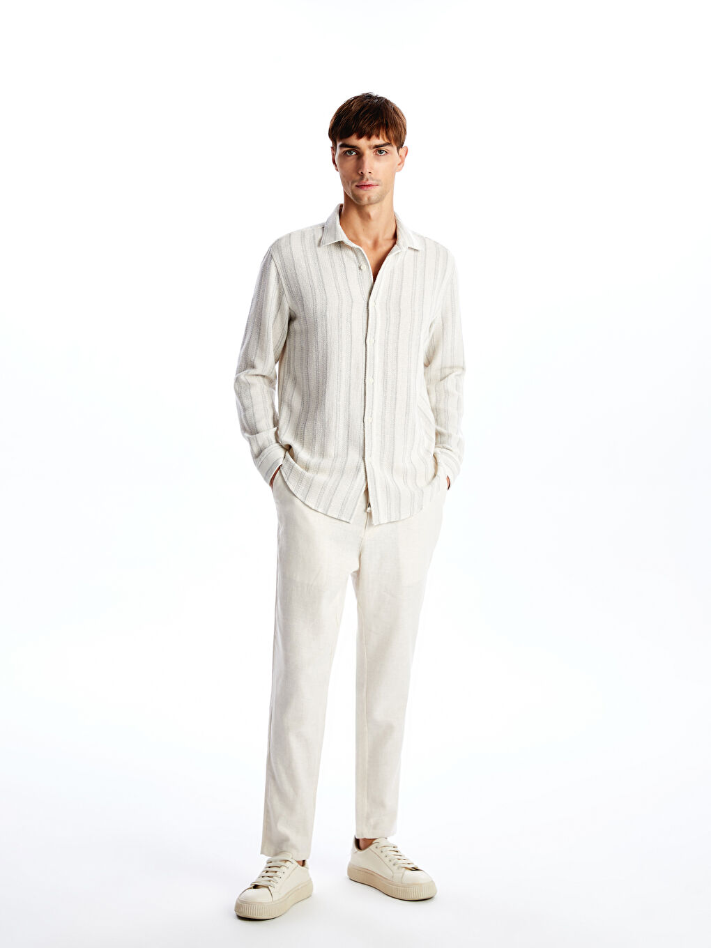 Gri Regular Fit Uzun Kollu Çizgili Erkek Gömlek-1