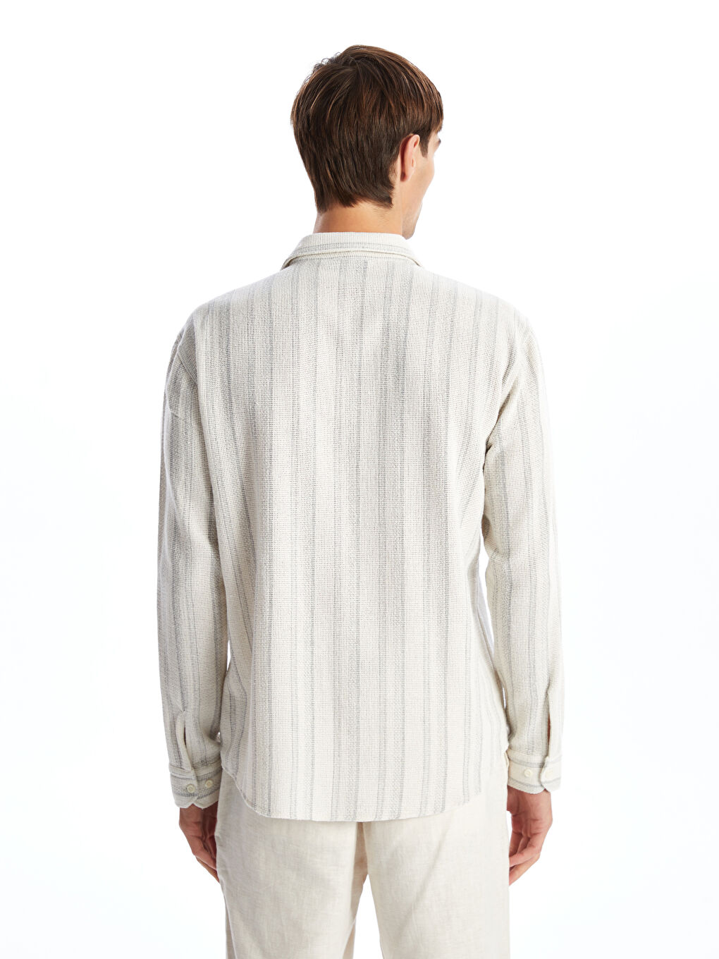Gri Regular Fit Uzun Kollu Çizgili Erkek Gömlek-3