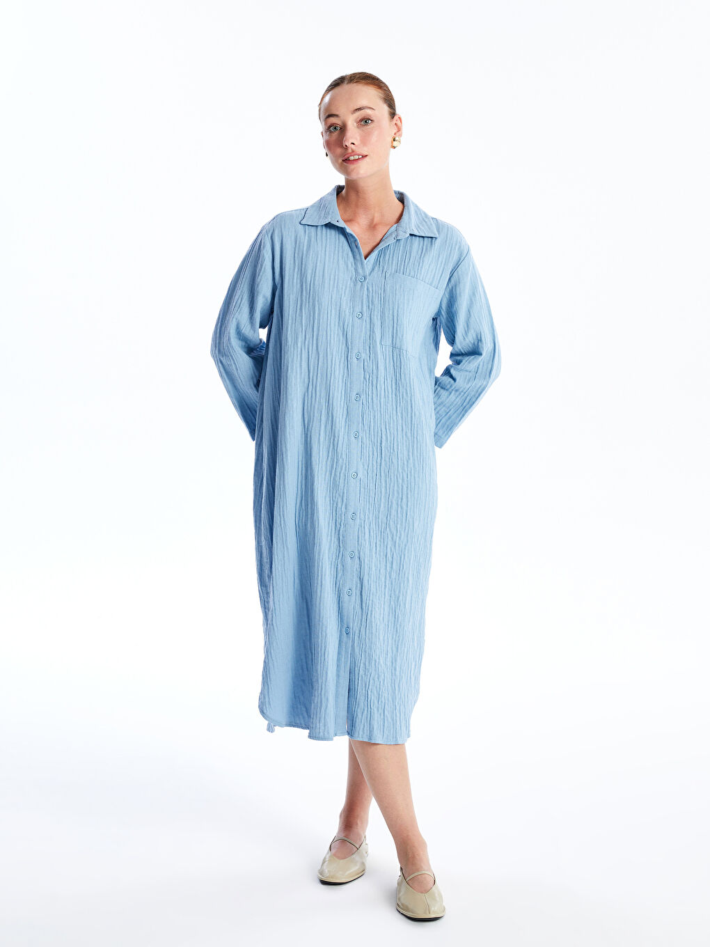 Mavi Düz Oversize Kadın Gömlek Elbise