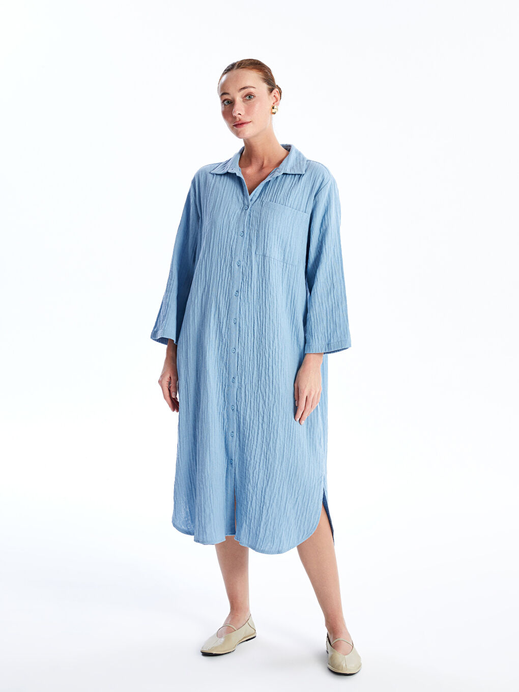 Mavi Düz Oversize Kadın Gömlek Elbise-1