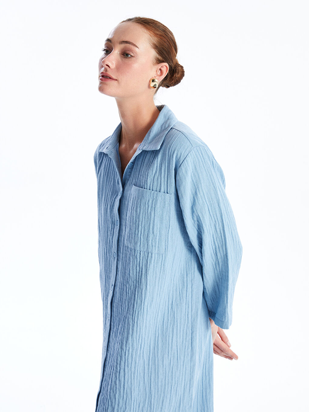 Mavi Düz Oversize Kadın Gömlek Elbise-2