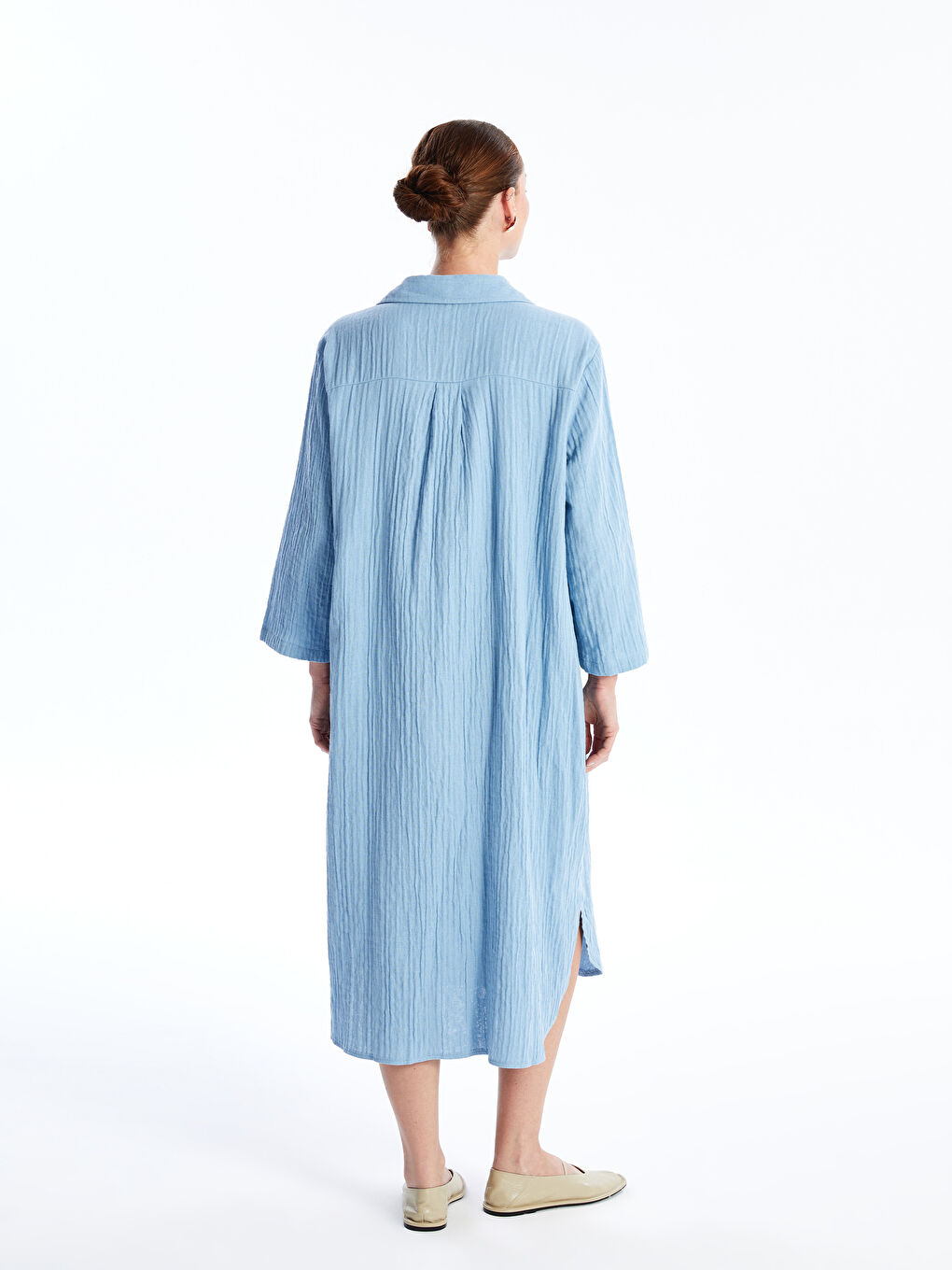 Mavi Düz Oversize Kadın Gömlek Elbise-4