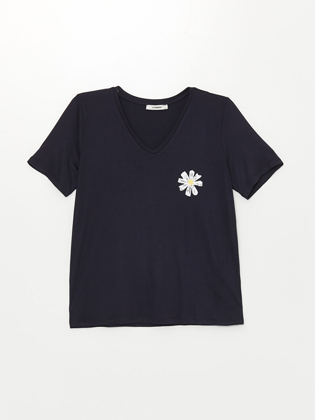 Lacivert V Yaka Baskılı Kısa Kollu Kadın Tişört-5