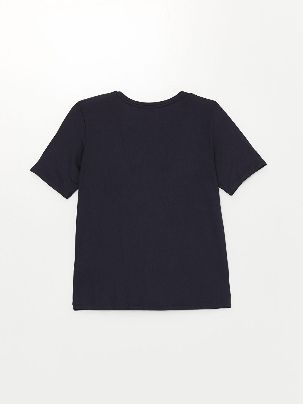 Lacivert V Yaka Baskılı Kısa Kollu Kadın Tişört-6