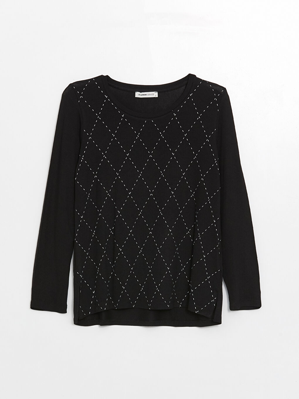 Siyah Bisiklet Yaka Desenli Uzun Kollu Kadın Tişört-5