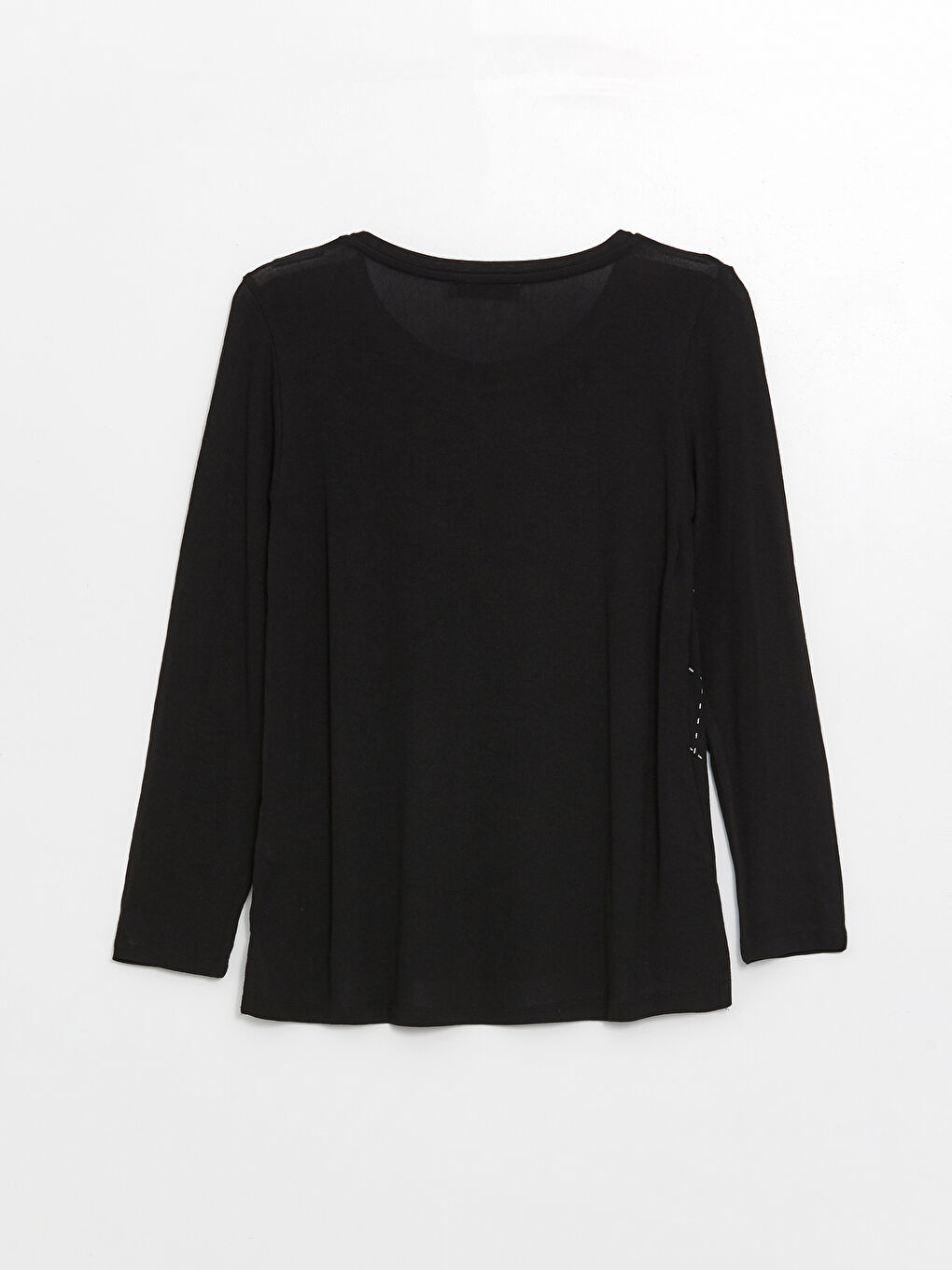 Siyah Bisiklet Yaka Desenli Uzun Kollu Kadın Tişört-6