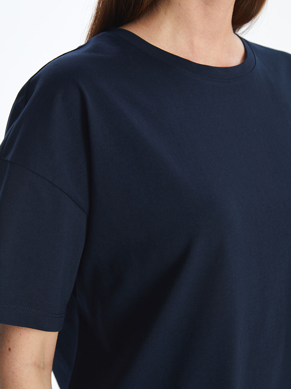 Lacivert Bisiklet Yaka Düz Kısa Kollu Oversize Kadın Tişört-3