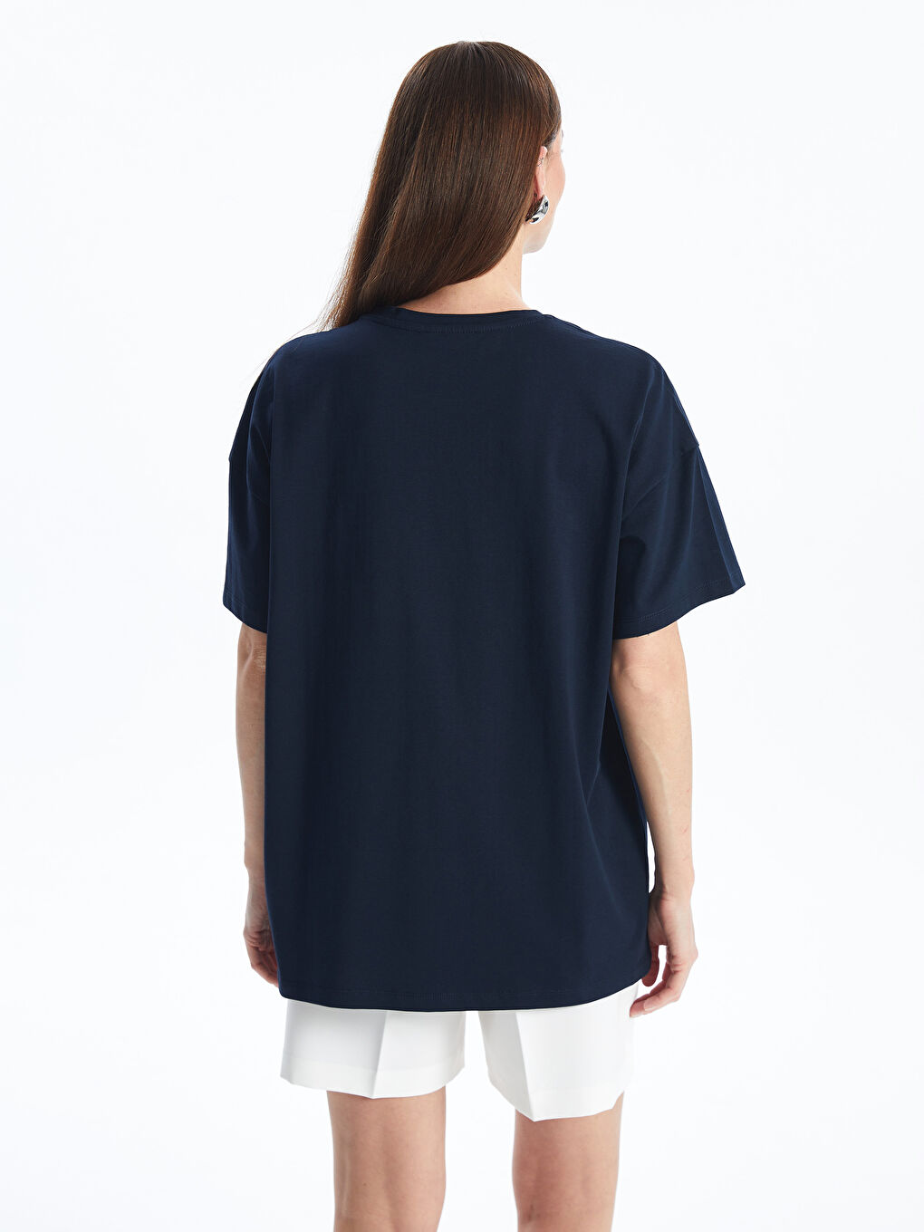 Lacivert Bisiklet Yaka Düz Kısa Kollu Oversize Kadın Tişört-4