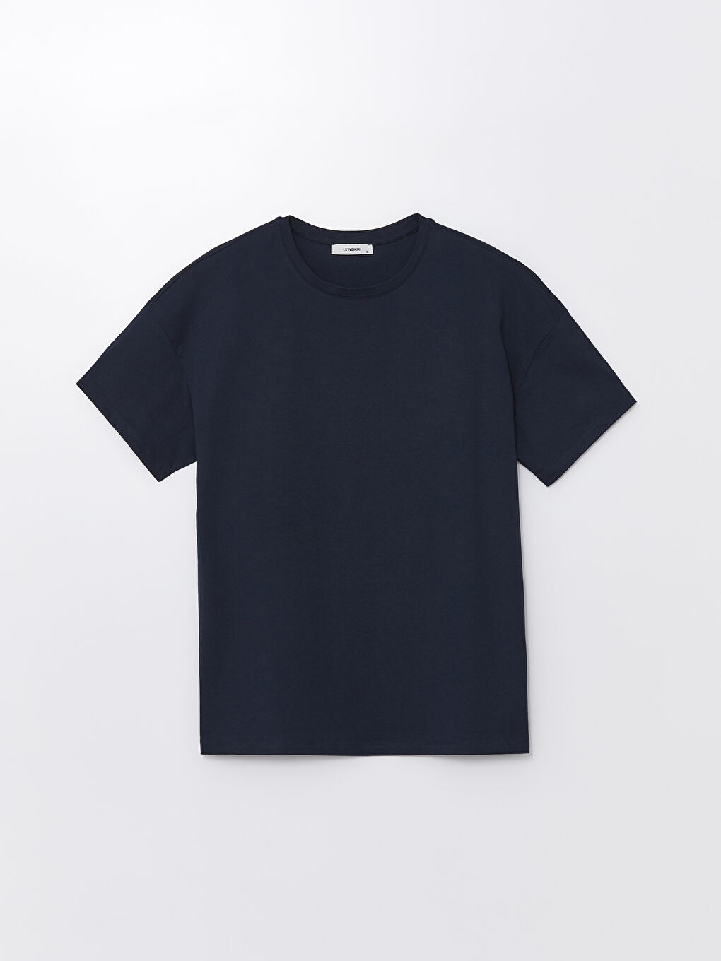 Lacivert Bisiklet Yaka Düz Kısa Kollu Oversize Kadın Tişört-5