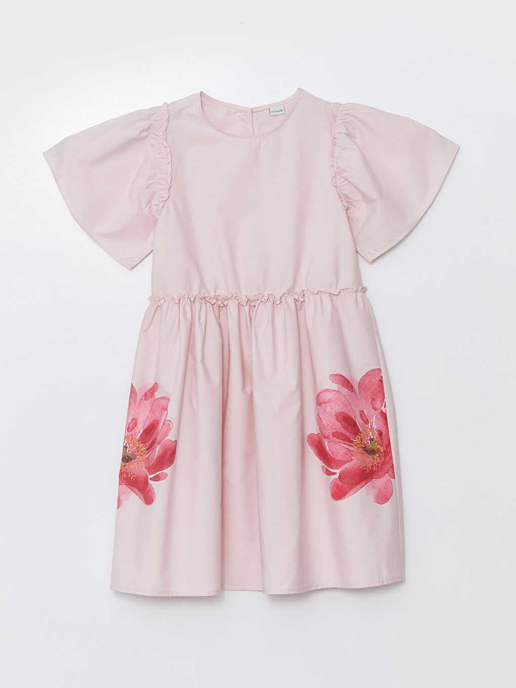 Pembe Bisiklet Yaka Çiçekli Kız Çocuk Elbise