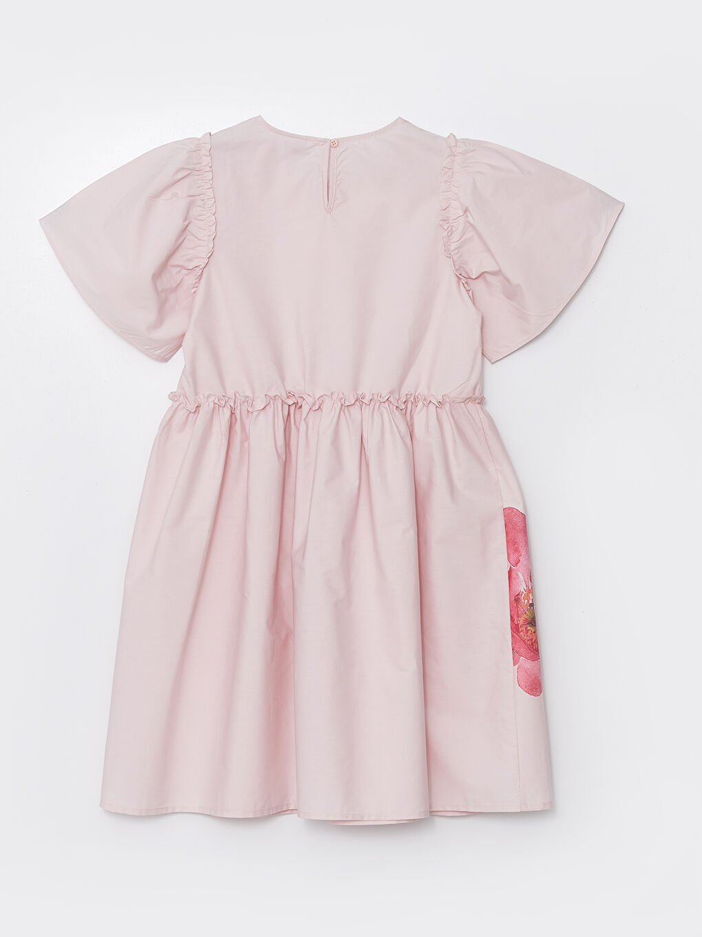 Pembe Bisiklet Yaka Çiçekli Kız Çocuk Elbise-1