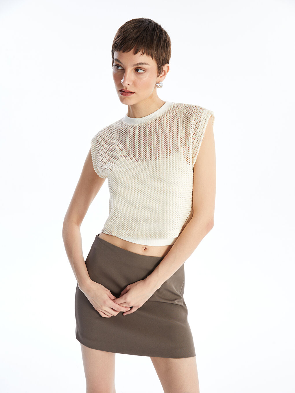 Crew Neck Openwork Women's Undershirt and Blouse Set -S4MG83Z8-R9J